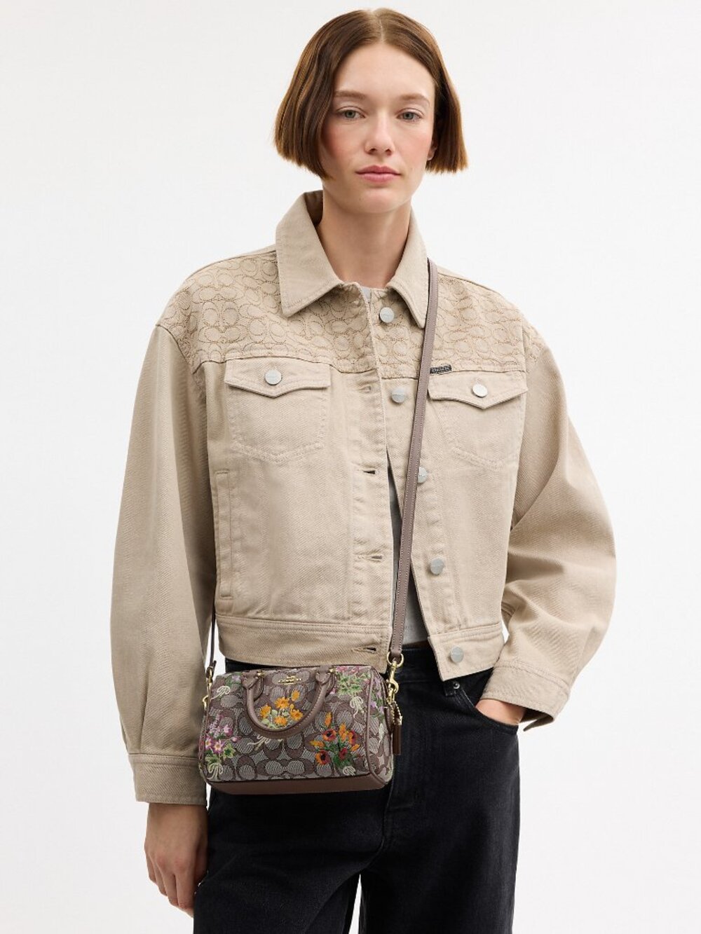 Coach Mini Rowan Crossbody Bag In Signature Jacquard With Floral Embroidery - Picture 2 of 7